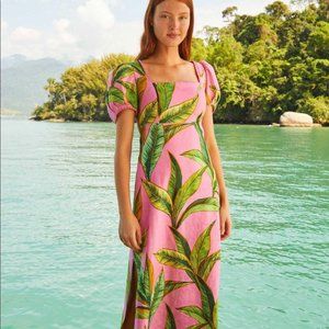 FARM Rio Pink Foliage Crossed Back Midi Dress NWT
